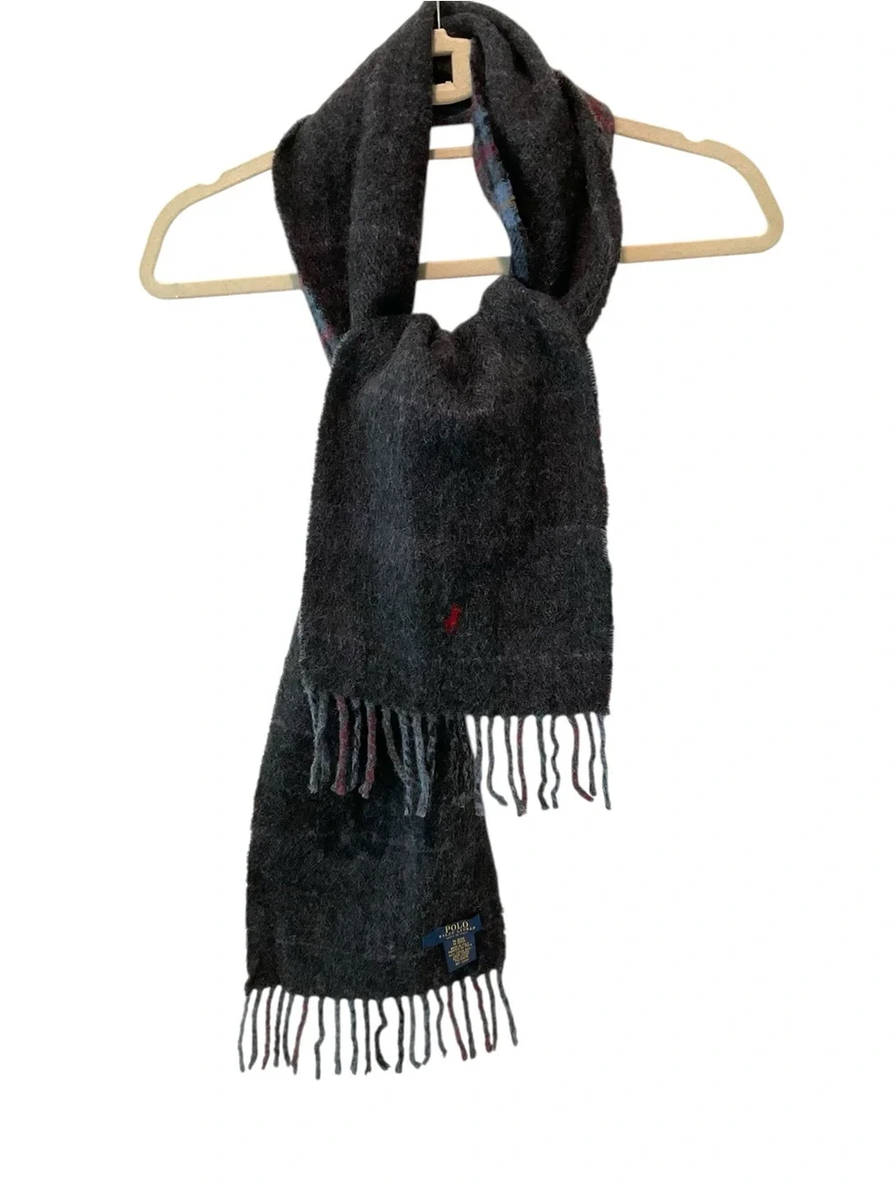 Polo Ralph Lauren Plaid Virgin Wool Reversible Fringe Scarf Italy 70x9